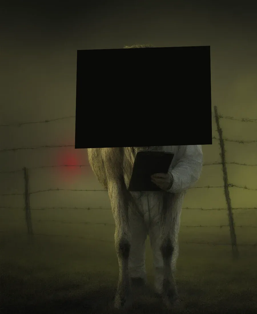 The Handler, a figure in a hazmat suit holding a clipboard in green fog