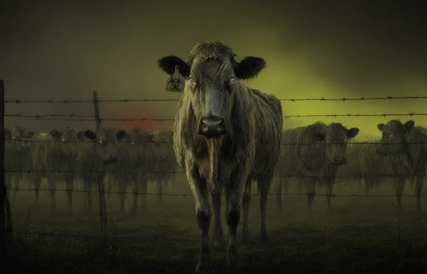 The herd, a line of cows in night fog all turned the same way