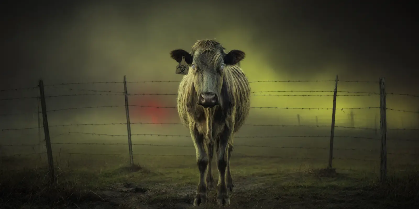 A gaunt cow with glassy eyes stands behind a barbed-wire fence in green fog at night