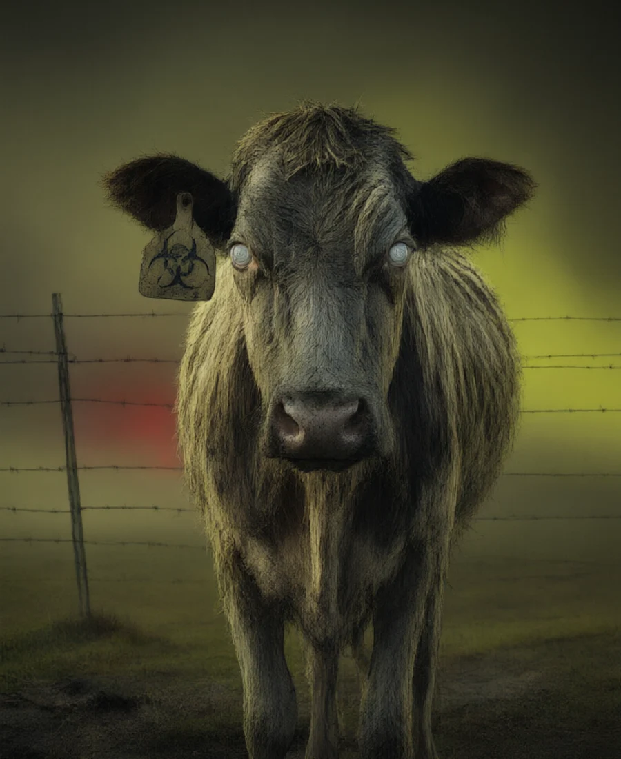 Specimen No. 077, a gaunt cow with spiral-glazed eyes and a cracked biohazard ear tag